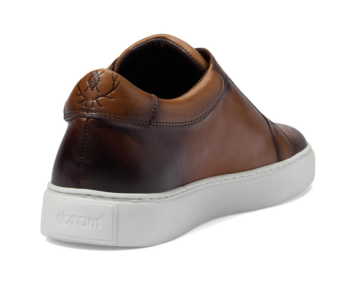 Pecan brown leather sneaker heel with logo embossing and white rubber sole