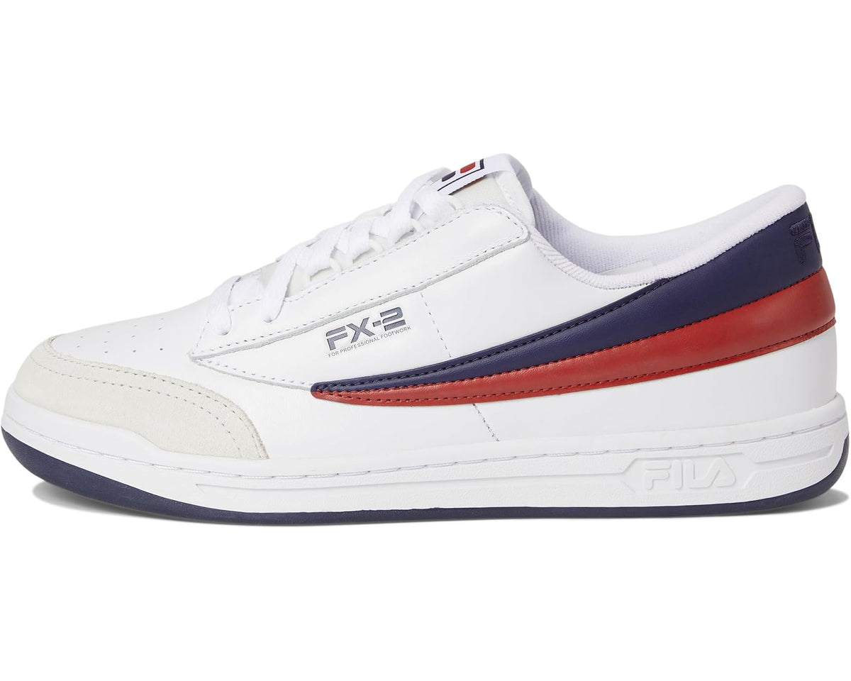Men's Fila FX-2 low-top sneakers, front-quarter view with red and navy trim