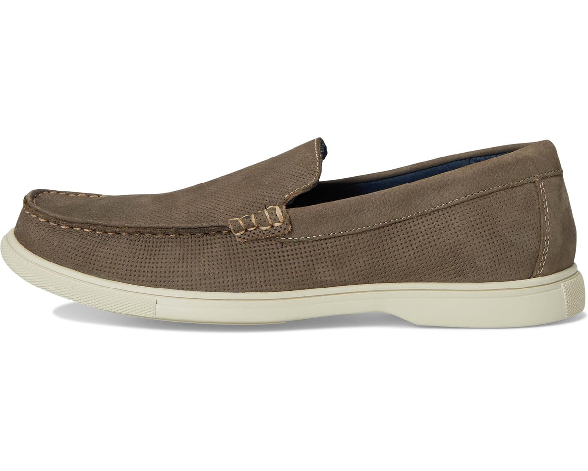 Men's taupe slip-on deck shoe side view with rope lacing and stitched upper