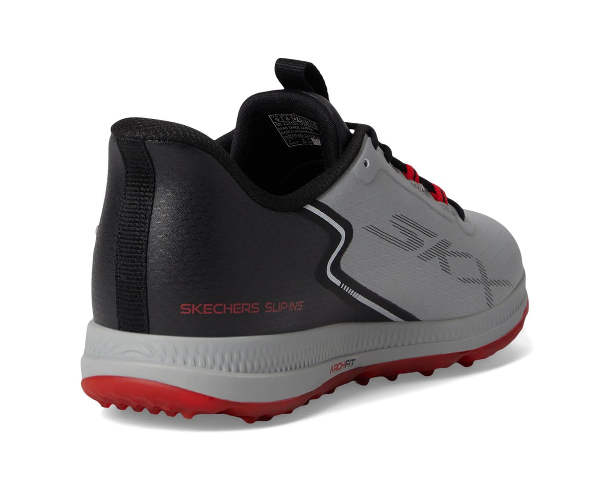 Men's charcoal golf shoe heel view with black mesh lining and red-tinted traction sole
