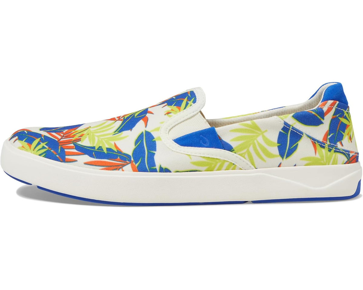 Men's tropical-print slip-on sneaker with white sidewall and blue accents