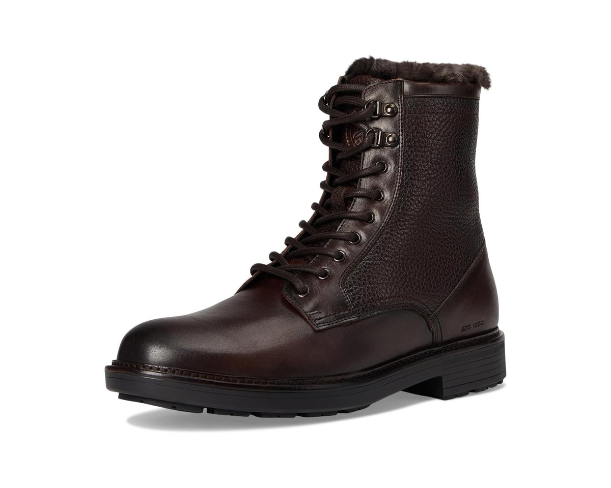 Dark brown lace-up shearling boots with plain toe and metal lace loops