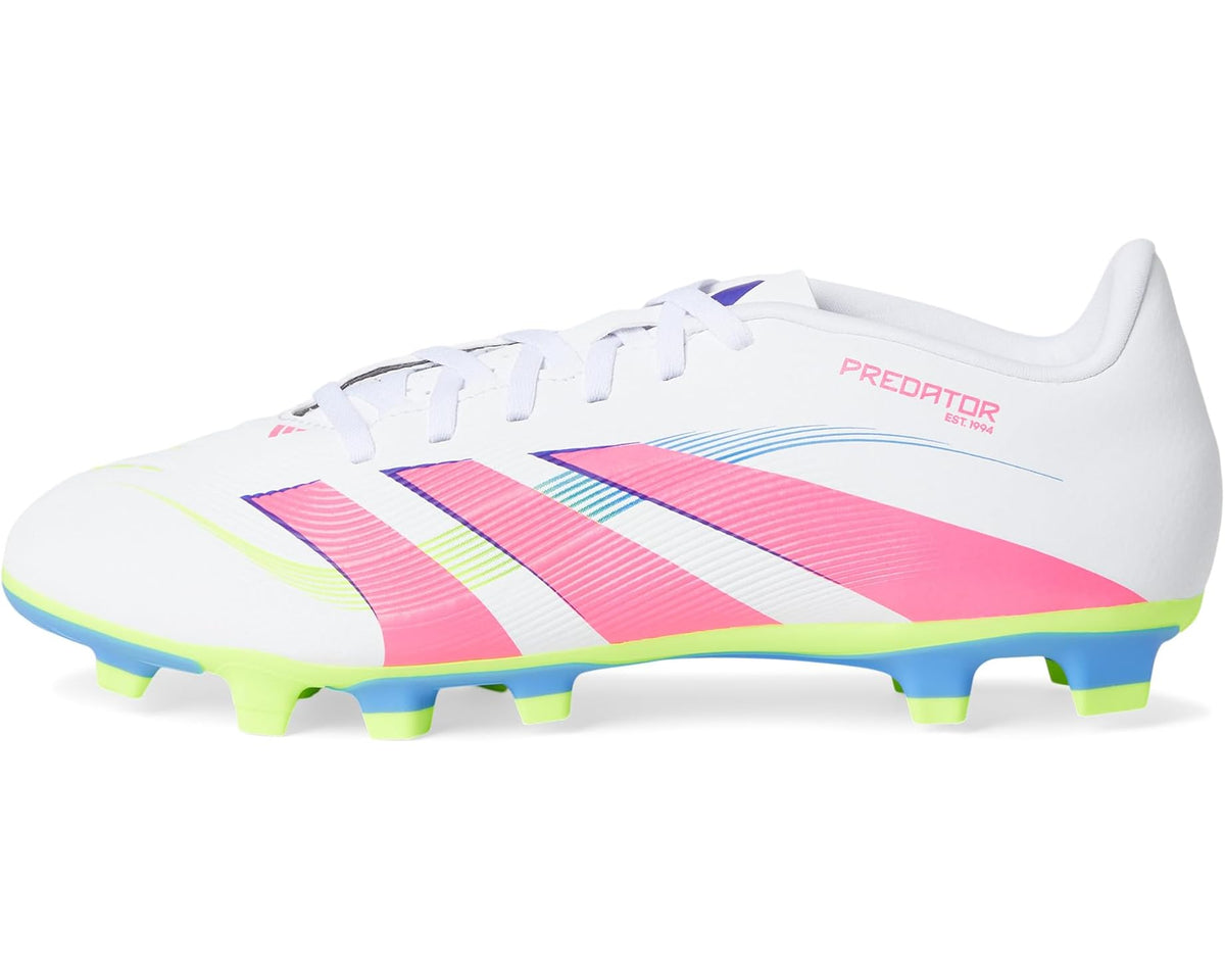 Unisex soccer cleats profile: white upper with pink and neon green stripes