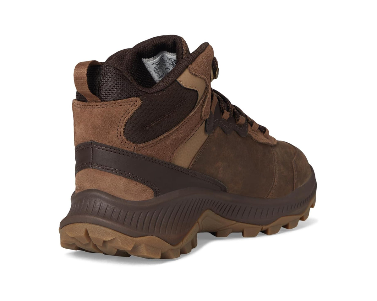 Men's Merrell mid waterproof boot heel and collar, mole brown with pull tab