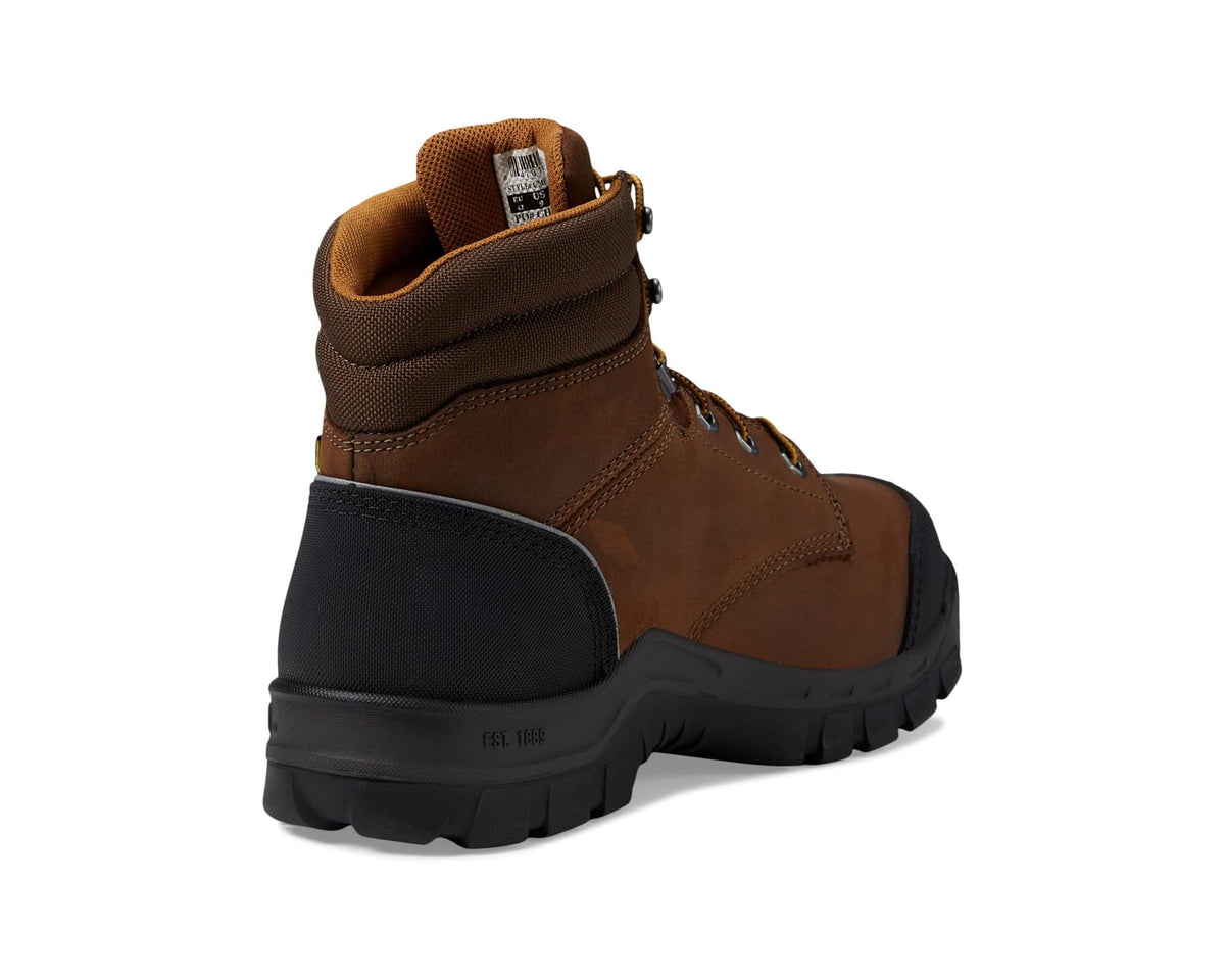Men's Carhartt work boot heel view, brown leather with black heel guard and treaded sole