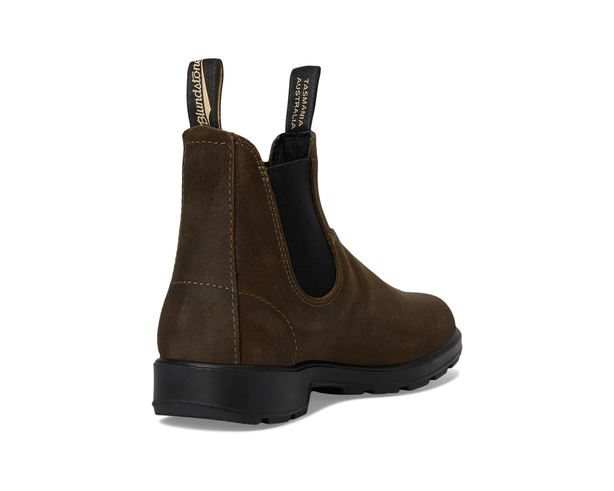Olive suede chelsea boots with elastic side panels and chunky dark rubber sole