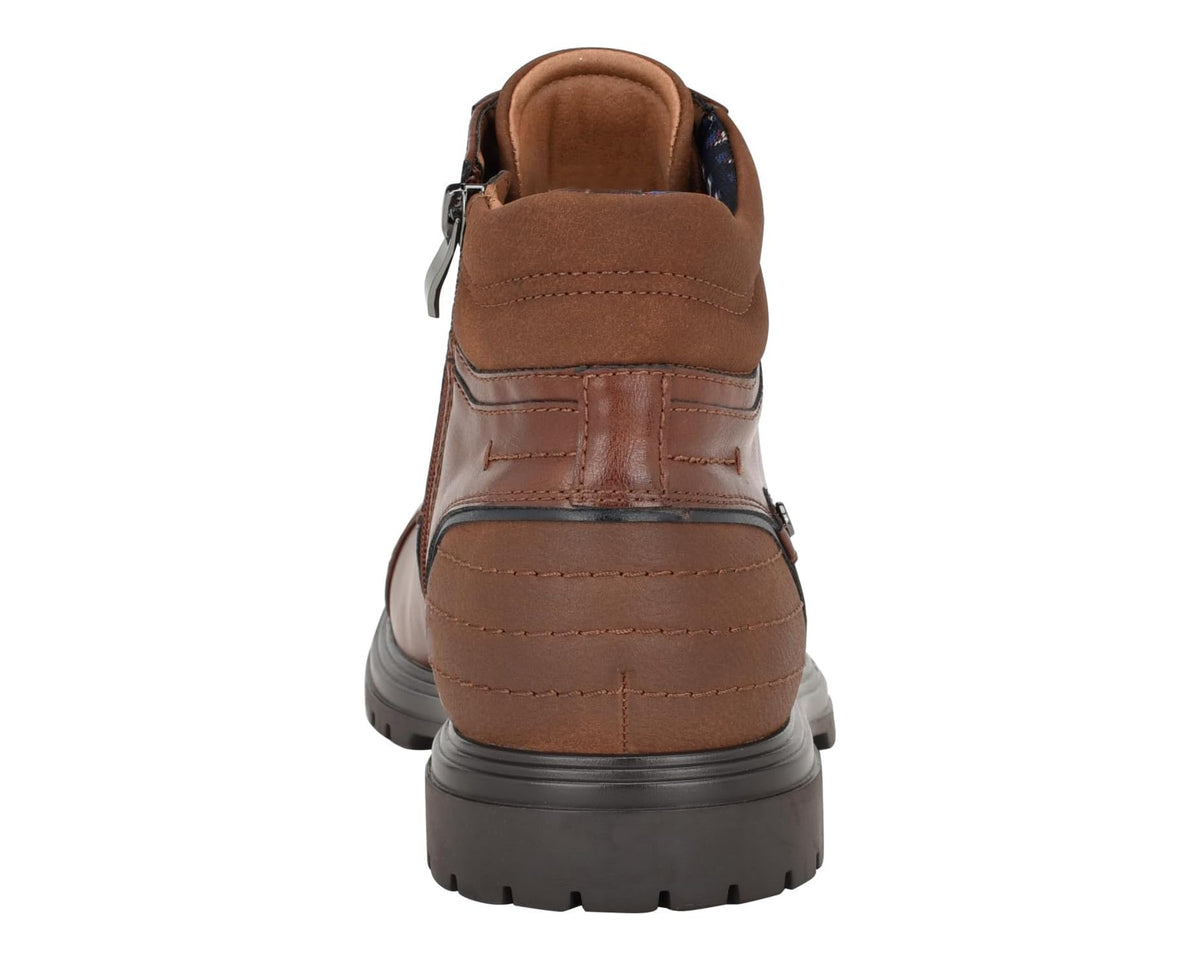 Men's Tommy Hilfiger Oregon cognac ankle boot with heel tab, padded collar, and lug sole