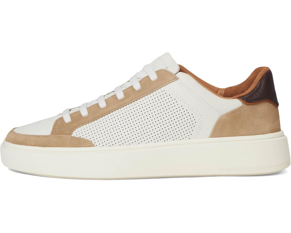 Men's court sneakers, side view: bone white perforated leather, tan suede, low profile sole