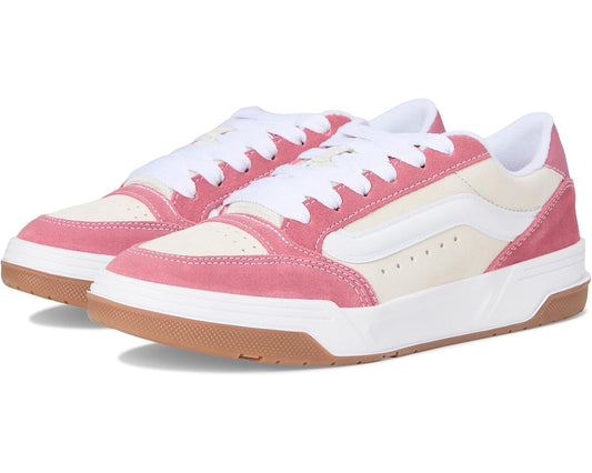 Unisex Vans lace-up suede sneaker in pink with off-white panels and gum rubber sole