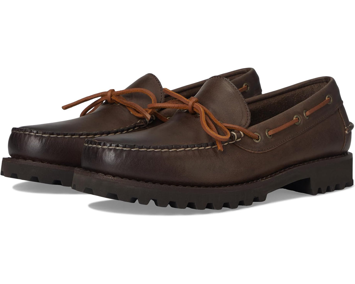 Men's dark brown leather moccasin boat shoe with one-eye lacing and padded collar