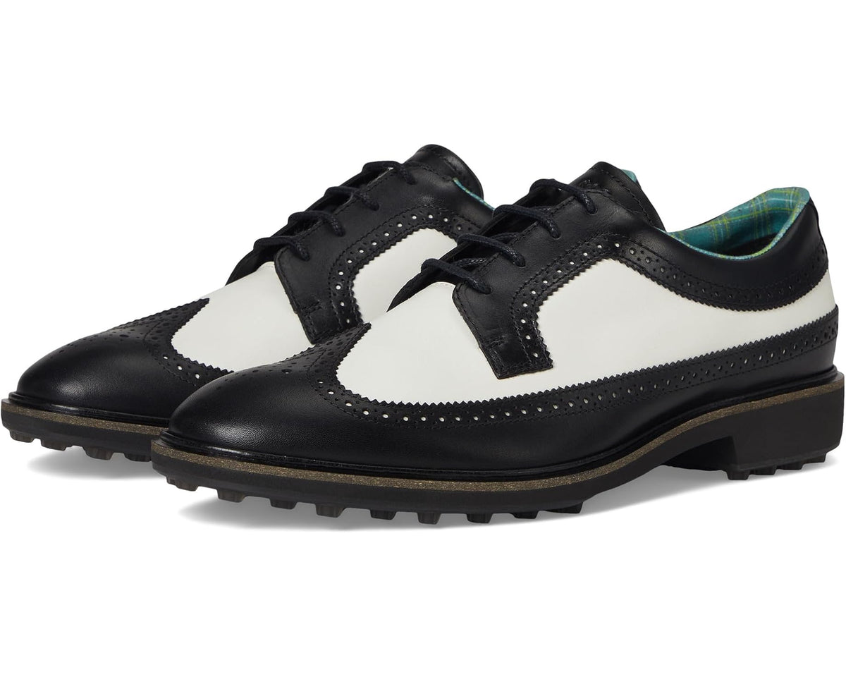 Men's ECCO wingtip golf shoe, black leather with white panels and black laces