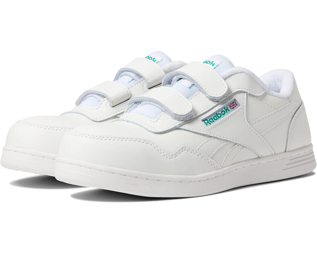 Reebok unisex work sneaker in white with light blue accents and hook-and-loop straps