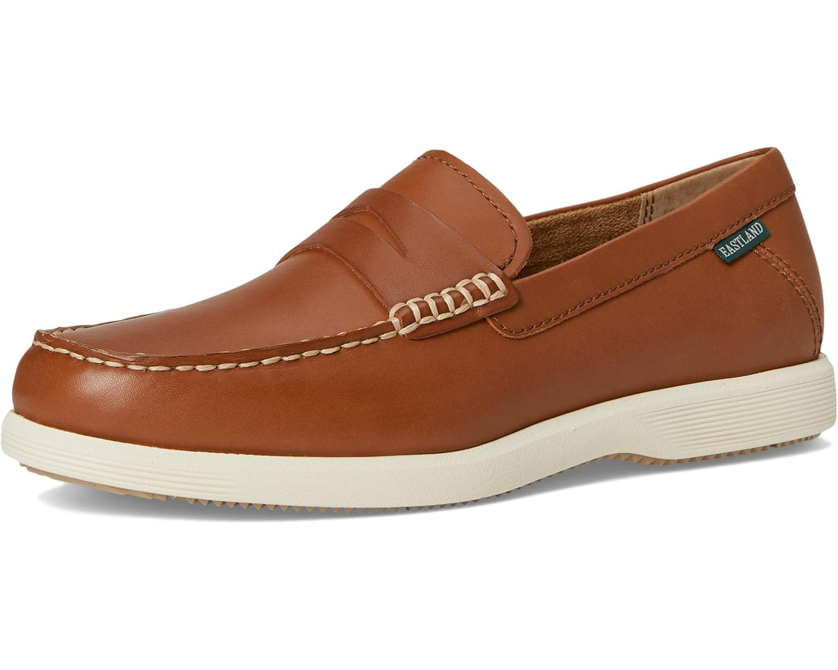 Tan leather slip-on loafer with braided strap, moc-toe stitching, and light sole
