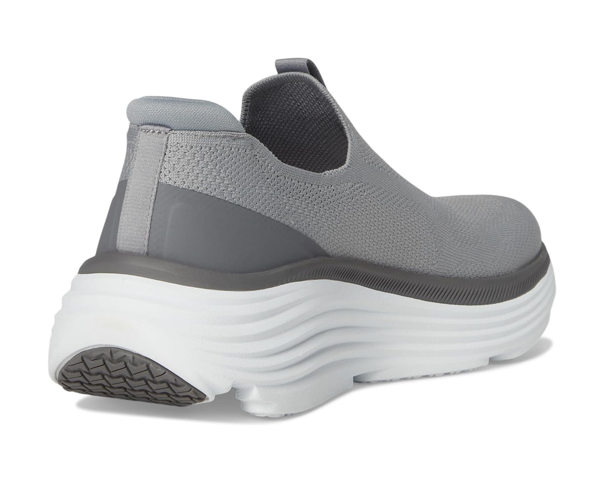 Gray mesh back view sneaker with padded collar and white cushioned midsole