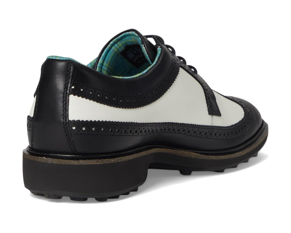 Men's ECCO wingtip golf shoe heel, black and white leather with teal plaid collar