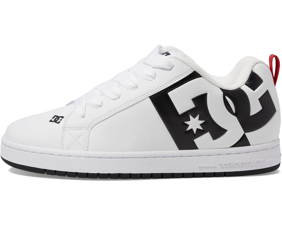 White low-top sneakers with black graphic overlays and star emblem on side