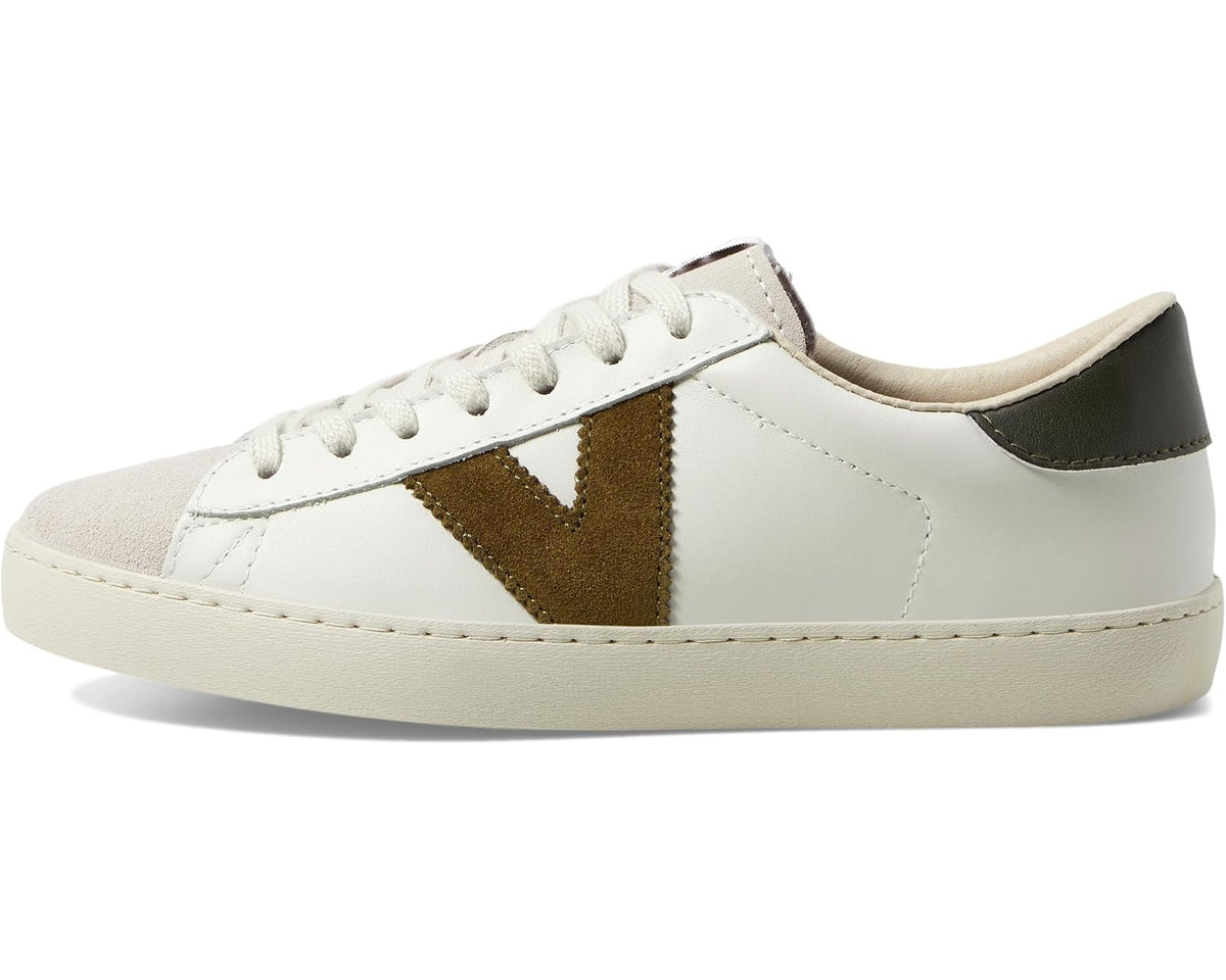 Unisex leather low-top sneakers, white with khaki triangle and dark green heel tab