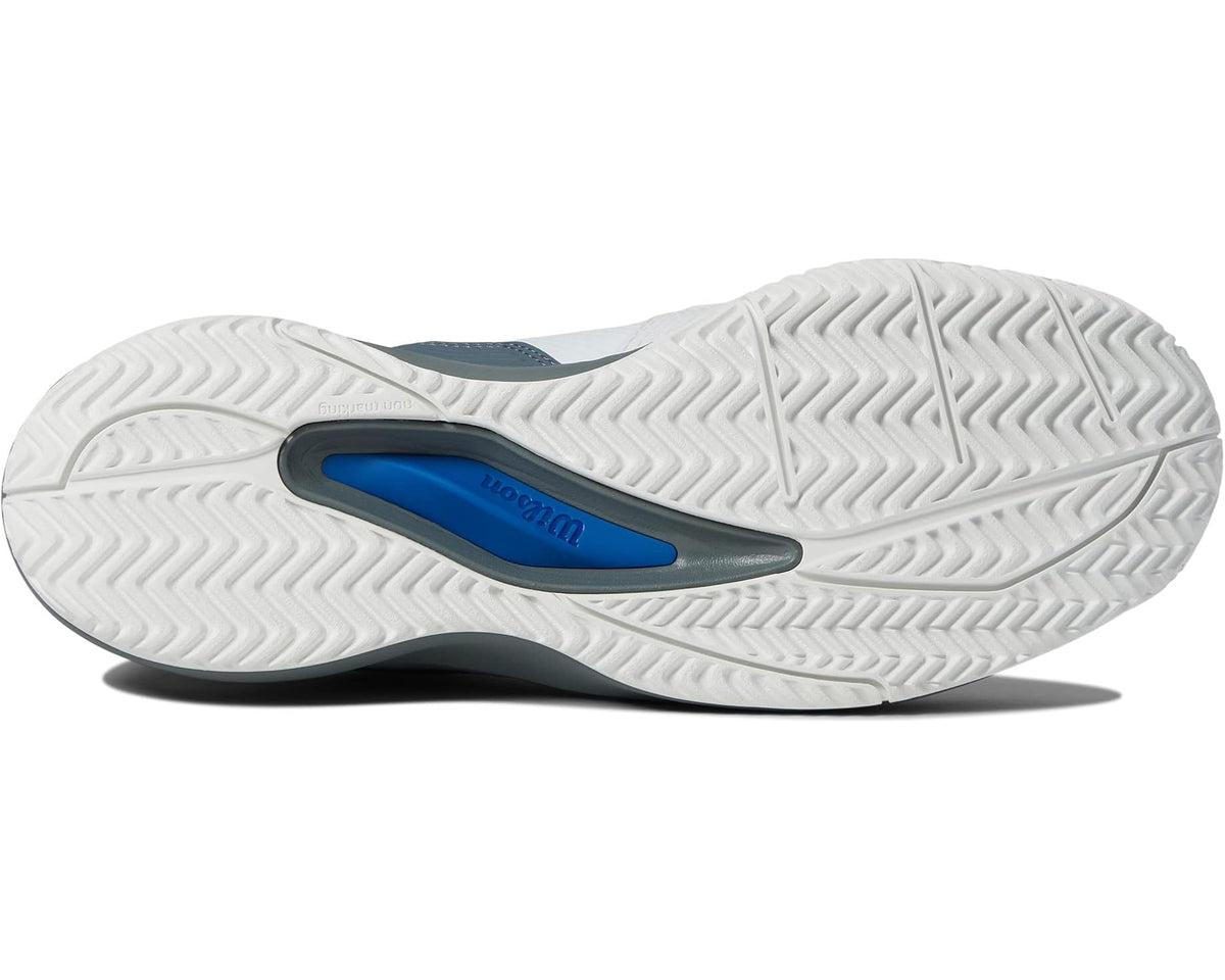 Wilson pickleball shoe outsole with herringbone tread, white sole and blue insert