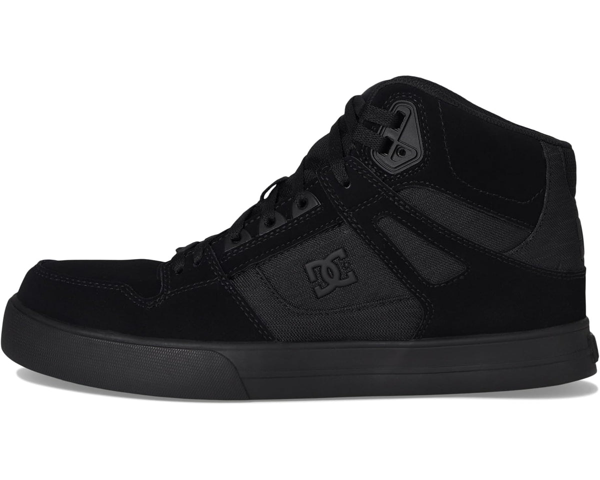 Men's black waterproof high-top work shoe side profile with DC logo and ankle collar