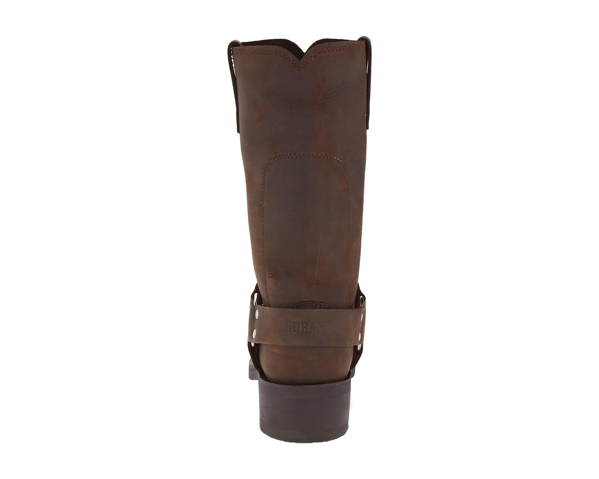 Men's dark brown boots back view with side strap and stacked rubber heel