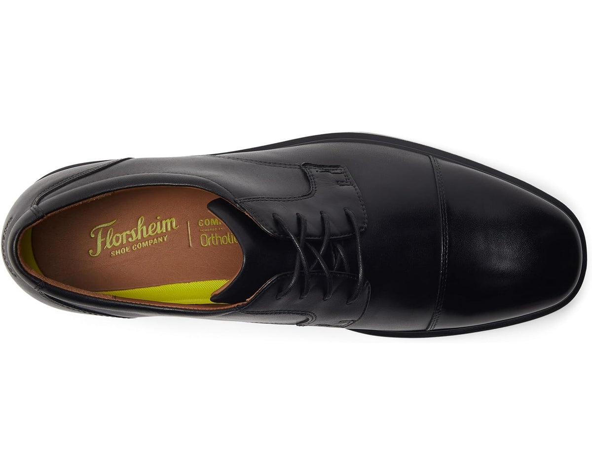 Men's waterproof oxford shoe with black smooth leather, lace-up; tan lining visible