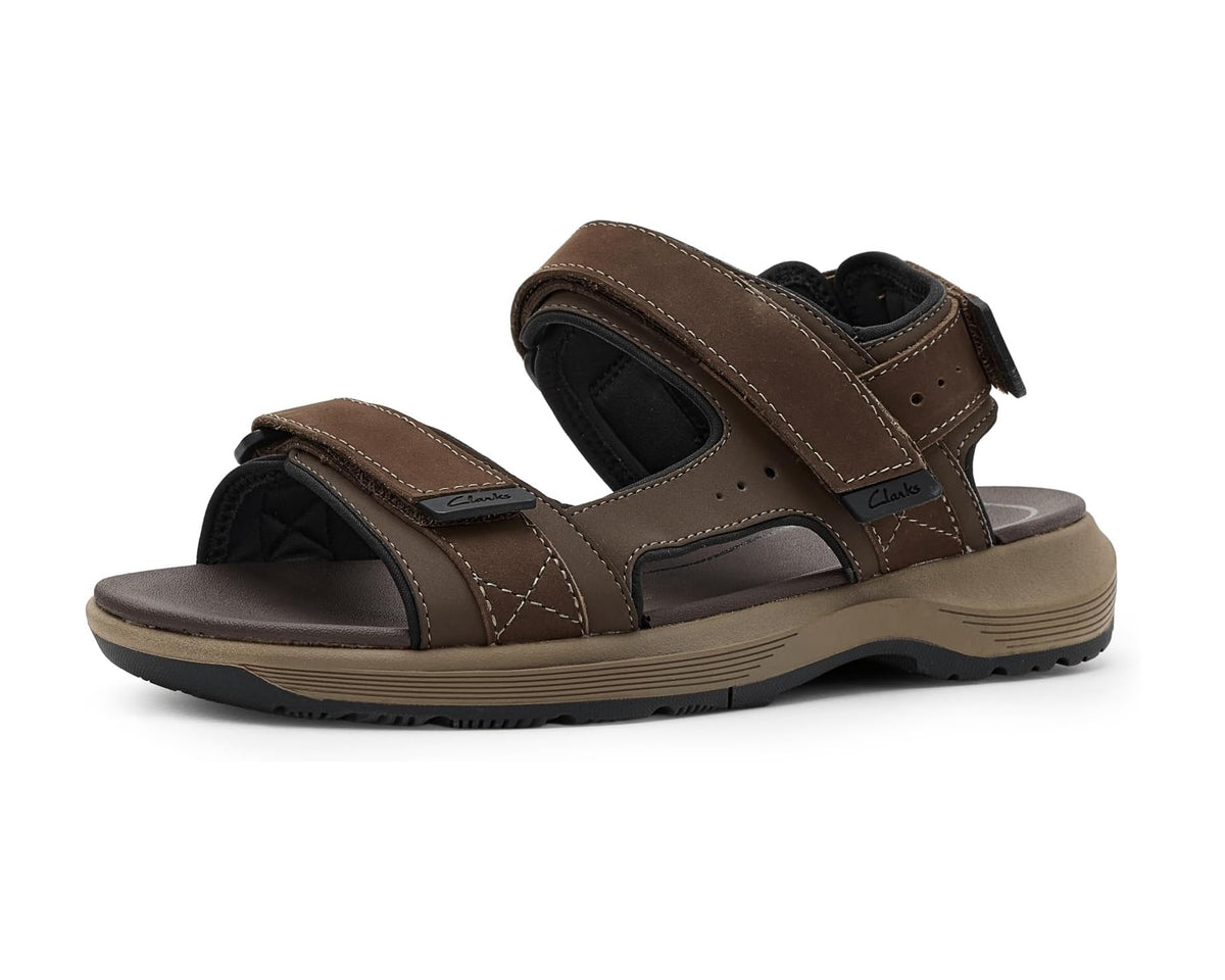 Men's brown leather trekking sandals with hook-and-loop straps and cushioned sole
