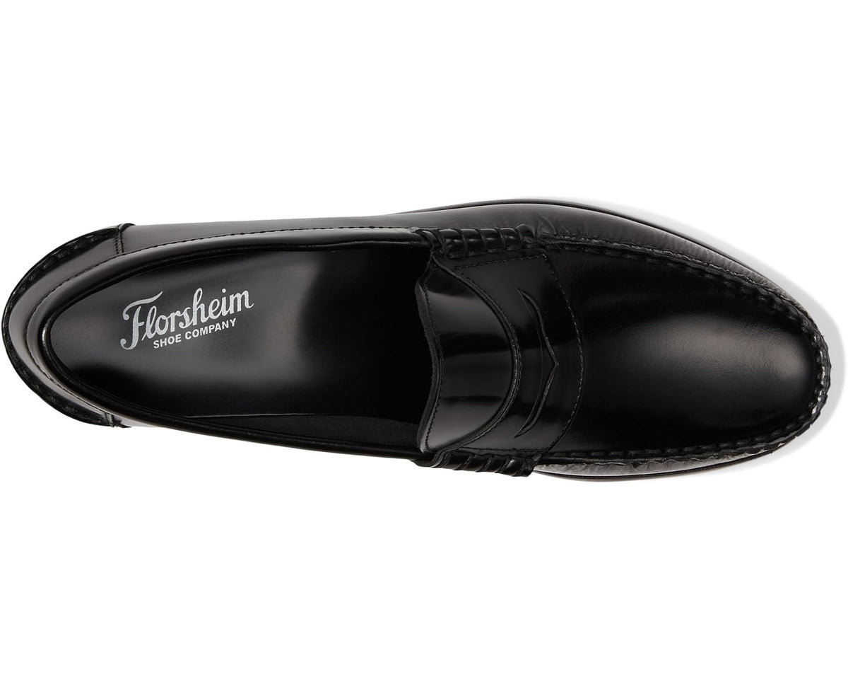 Black Florsheim penny loafer with logo on leather insole