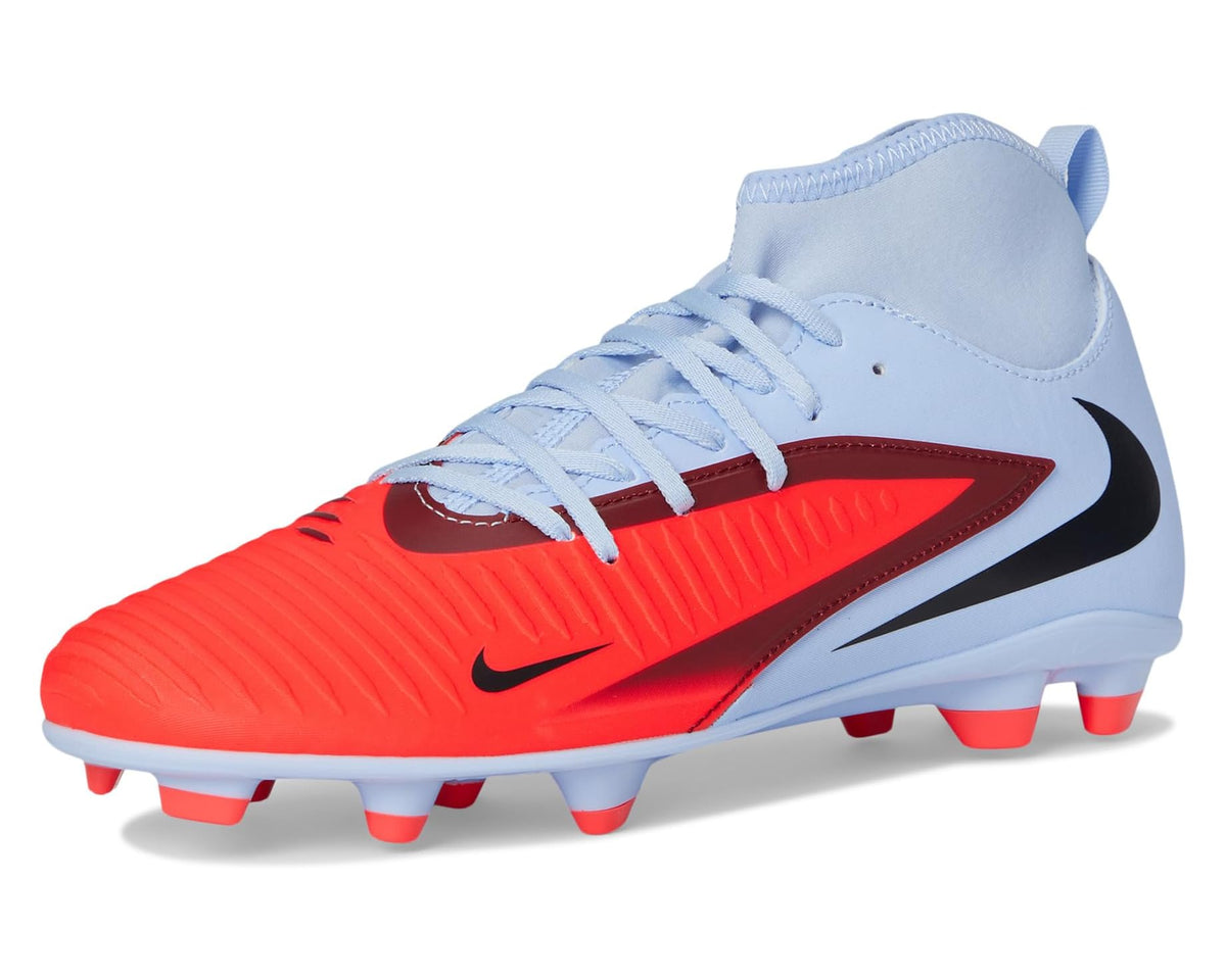 High-top soccer cleat in light blue and bright red with black swoosh and white laces