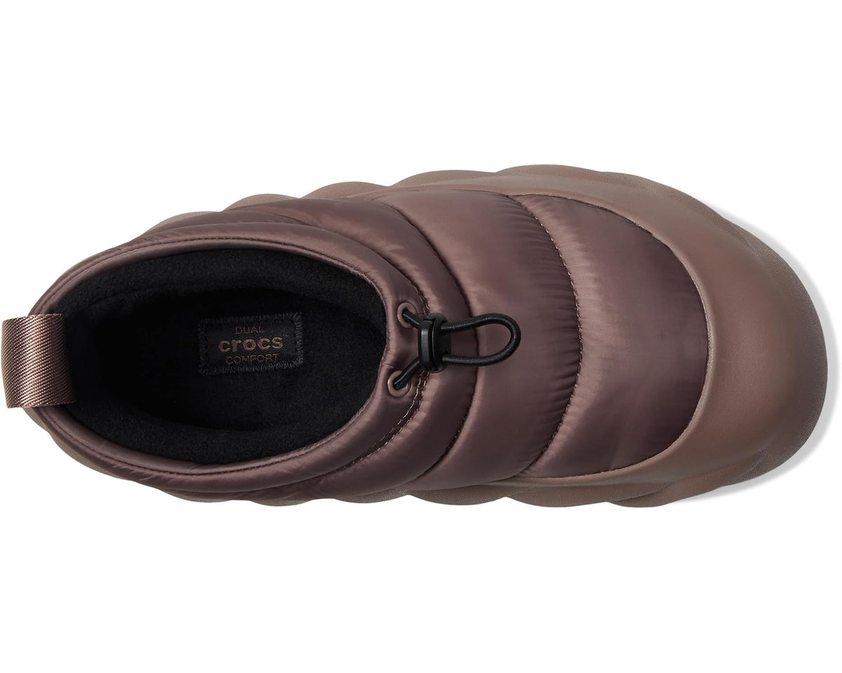 Crocs OverPuff Shorty truffle brown shoe with black-lined opening and lace toggle