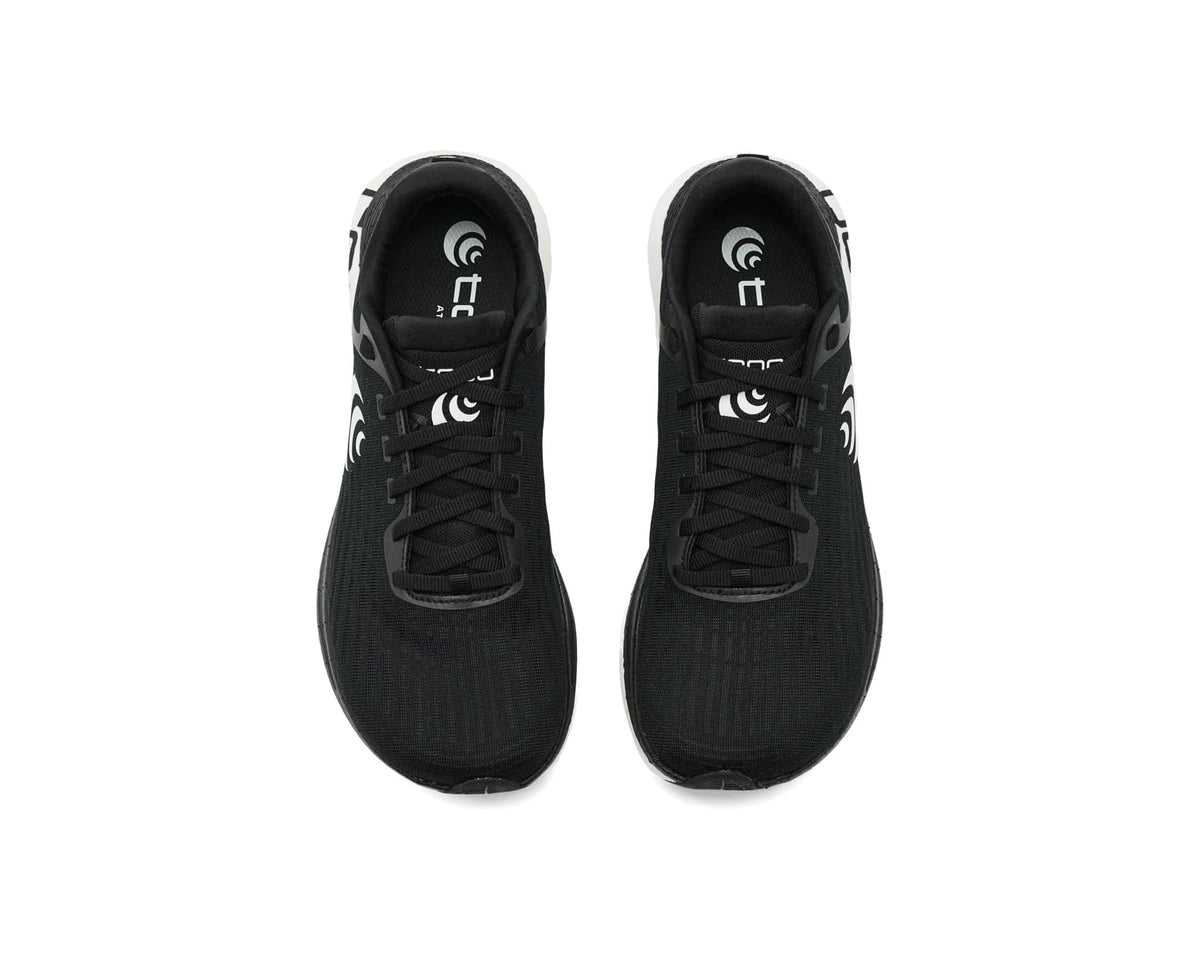 Pair of black lace-up running shoes with padded tongue and white logo accents.