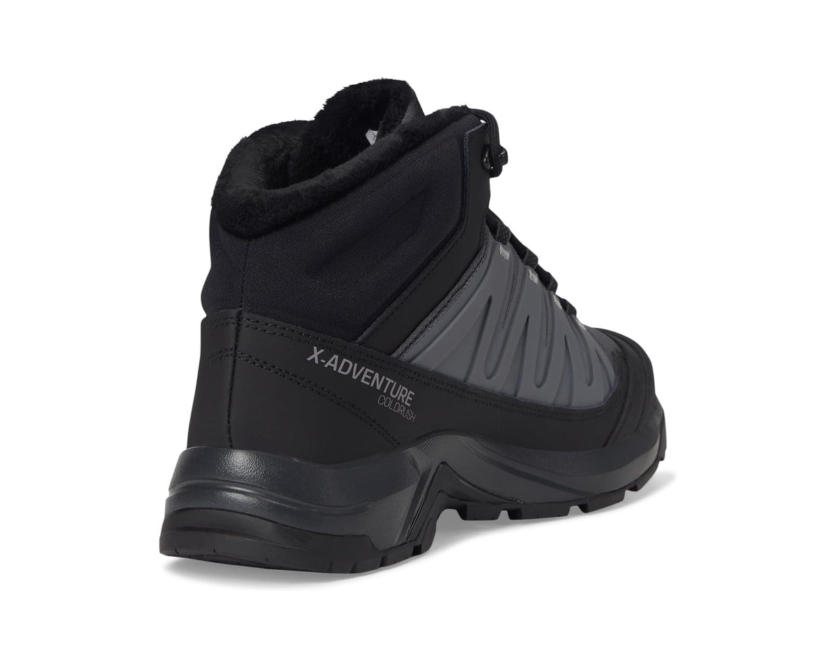 Men's Salomon high-top boot heel view, black lining and X-Adventure logo