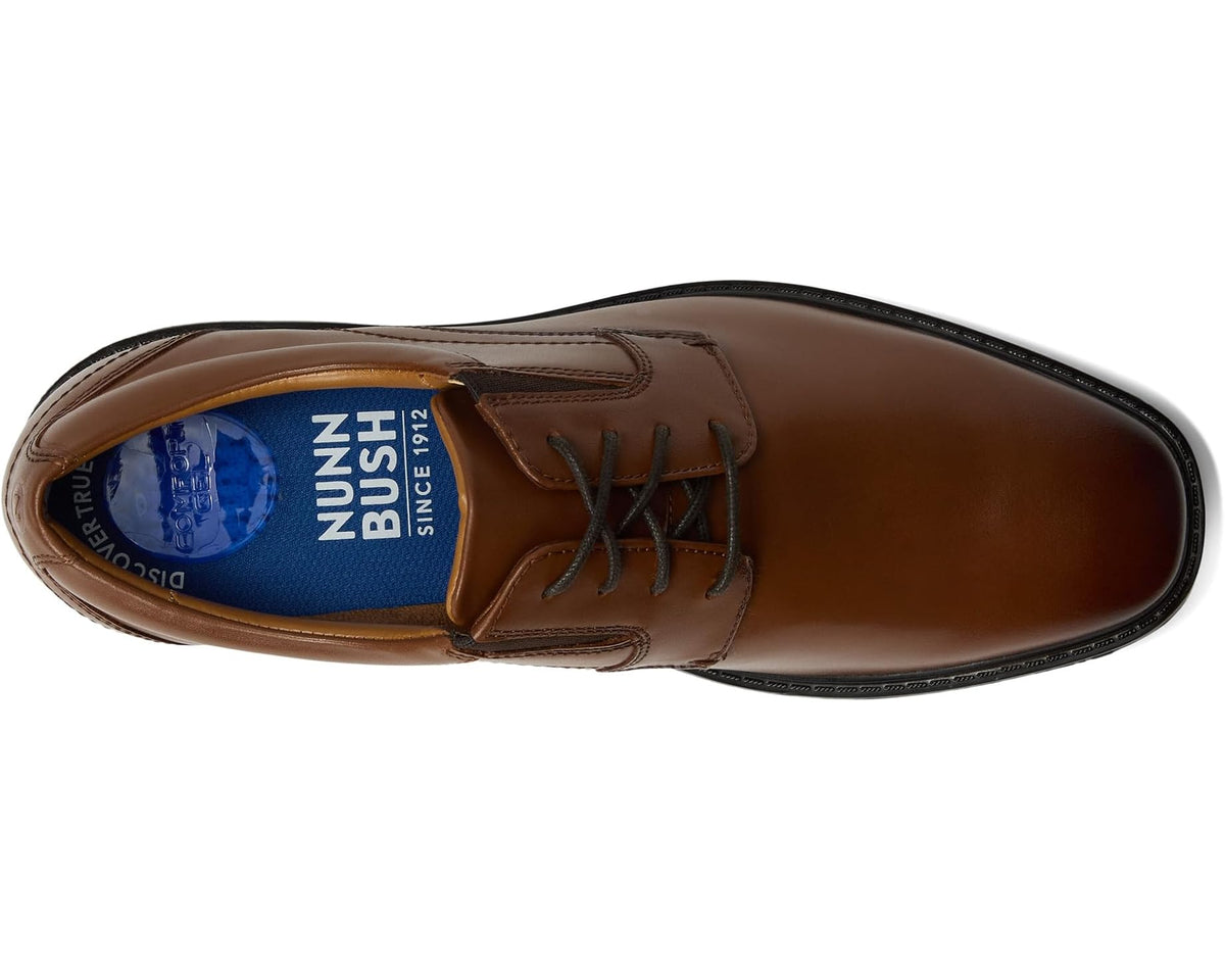 Brown leather lace-up oxford shoe with blue Nunn Bush insole label