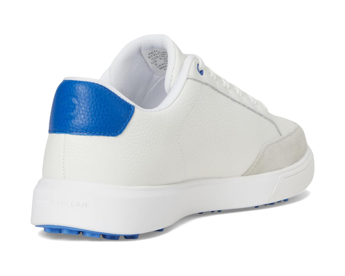 Men's leather hybrid course shoes, rear view with blue heel panel and white sole