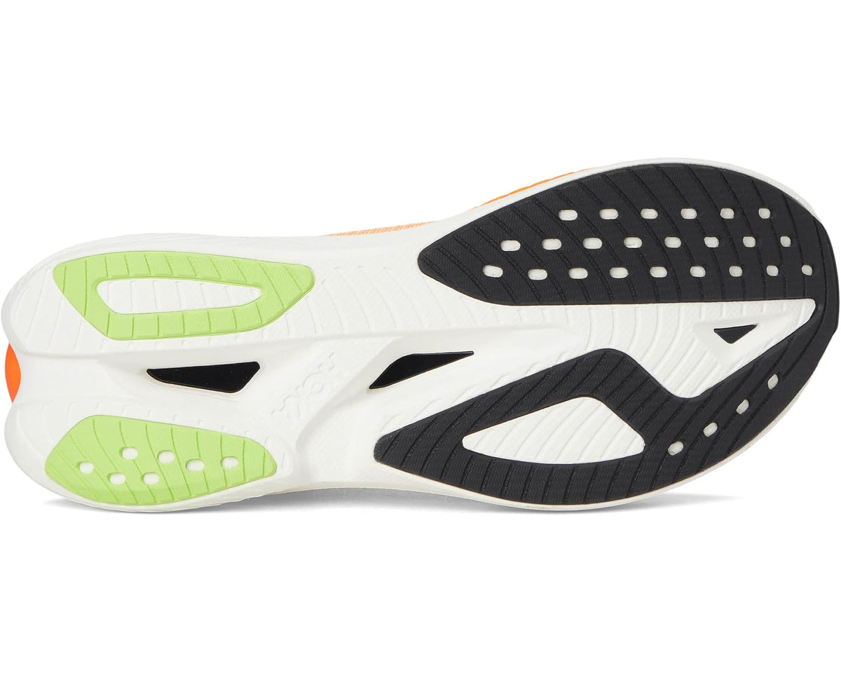 Men's running shoe outsole, white midsole with black traction pods and neon green details