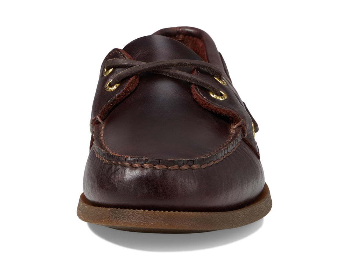 Men's Sperry boat shoes back view, dark brown leather with tan rubber sole