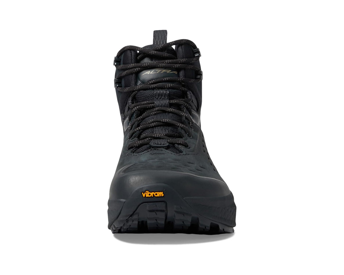 Men's black lace-up hiking boot, back view with padded heel and collar