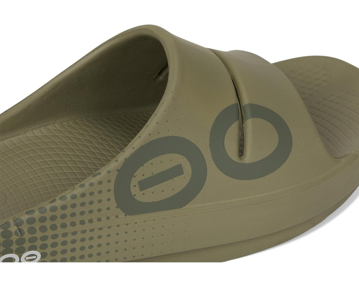 OOFOS foliage olive slide sandal close-up of perforated footbed and Oo logo