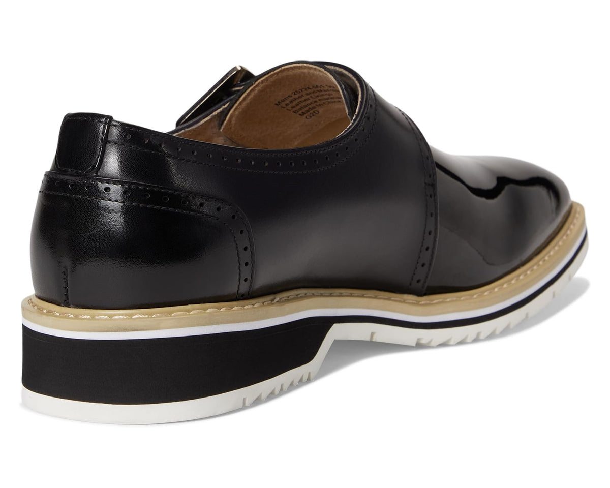 Men's black monk strap dress shoe heel and back view with cushioned insole
