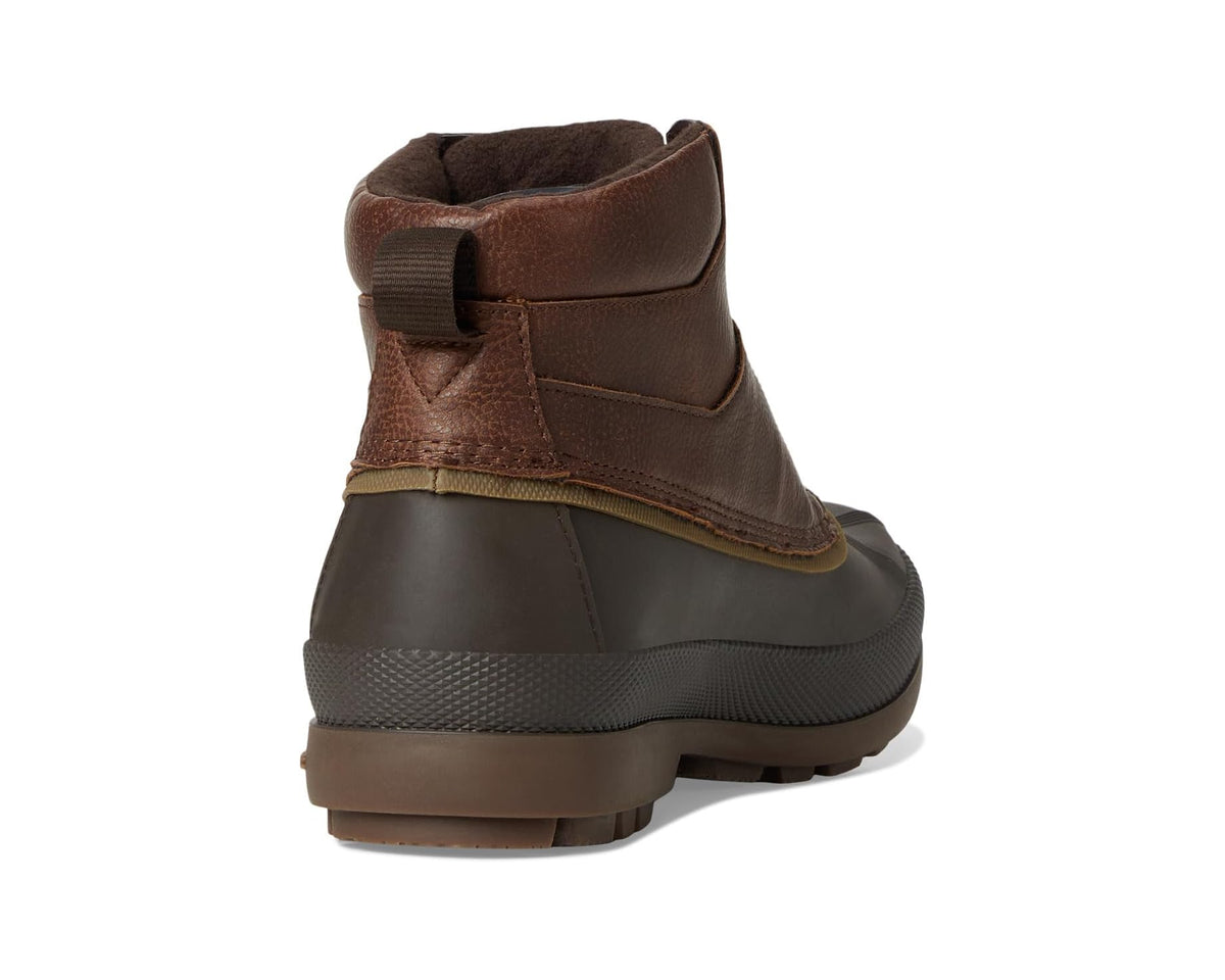Brown chukka boots heel view with cushioned collar and treaded outsole