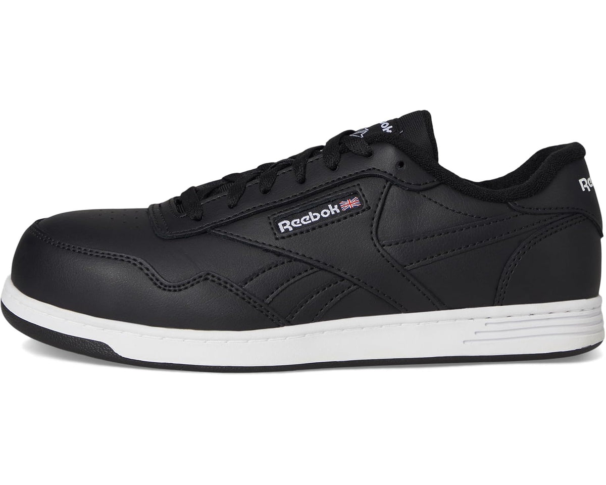 Men's black work sneakers side view with white midsole and Reebok logo
