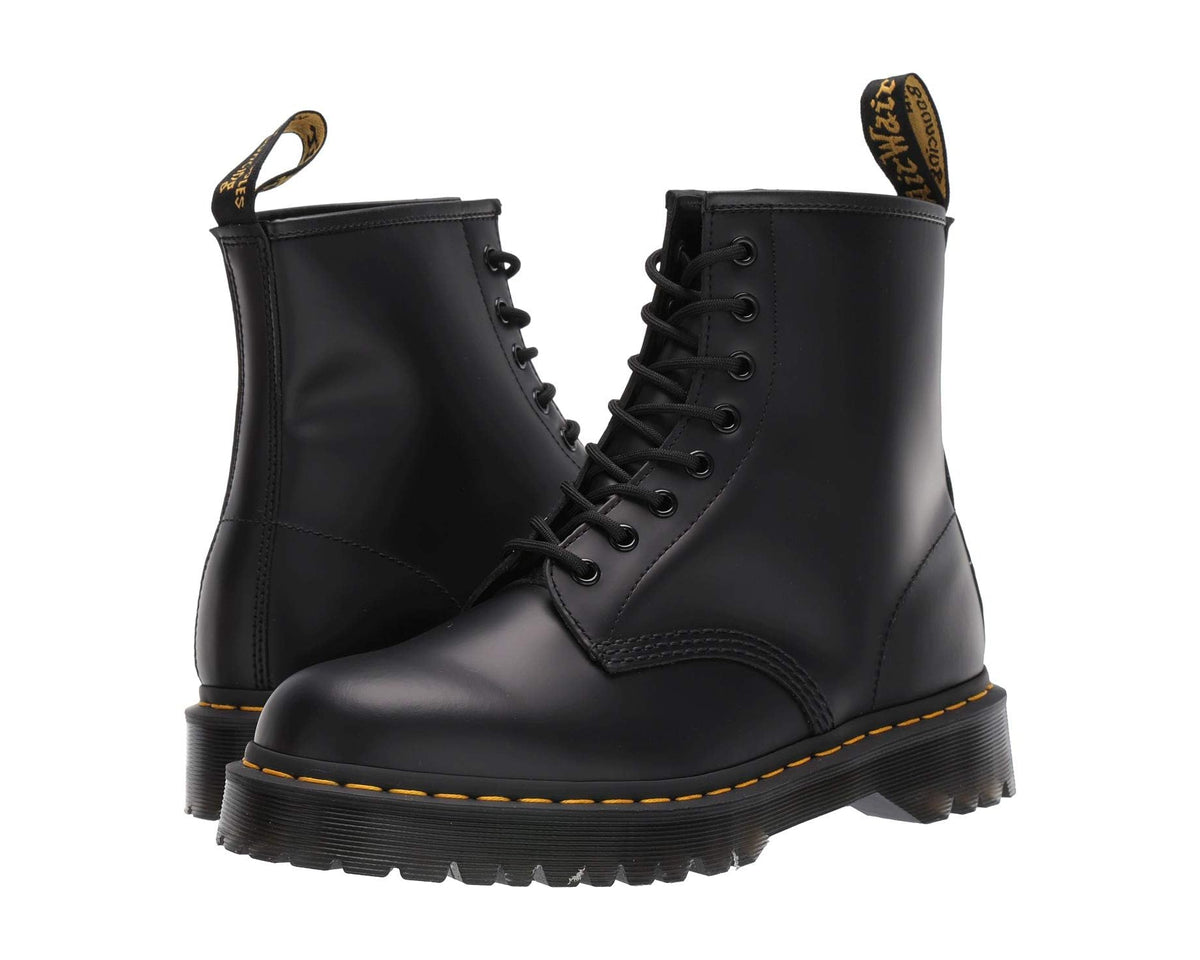 Unisex Dr. Martens 1460 leather lace-up boots, black smooth with yellow welt stitching