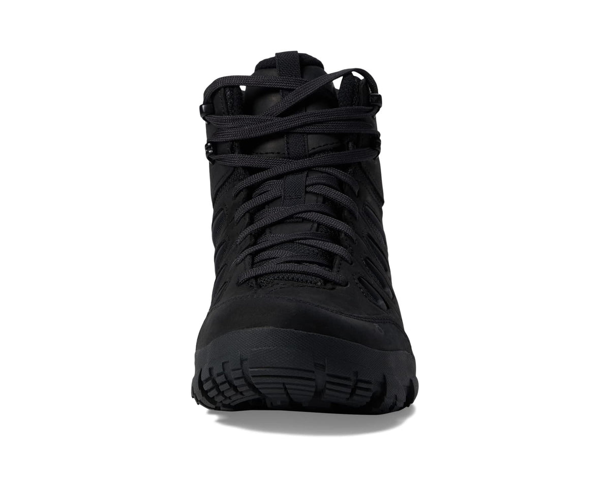 Black mid-top hiking boot, rear view with lace-up and cushioned collar