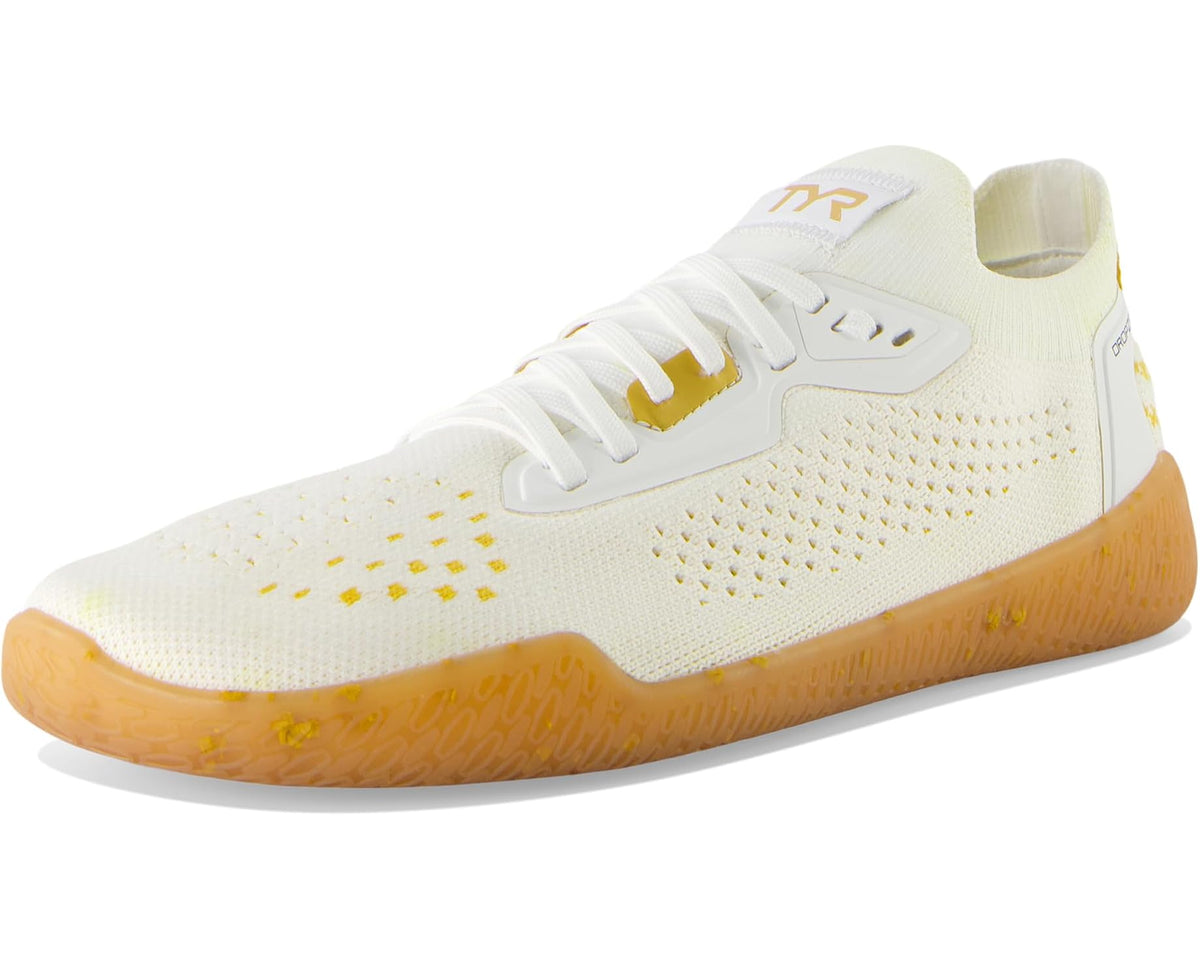 Men's TYR Dropzero sneakers; three-quarter view of white upper with gold speckles and gum sole