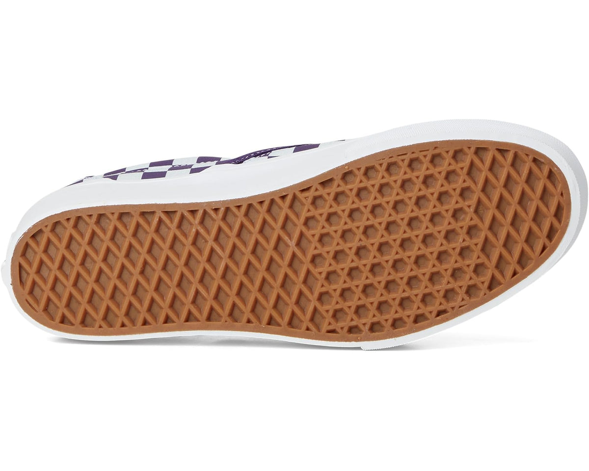 Rubber waffle outsole for platform slip-on sneaker with checkerboard upper