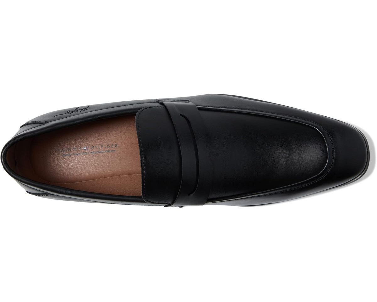 Men's black leather loafer with open topline and brown interior lining