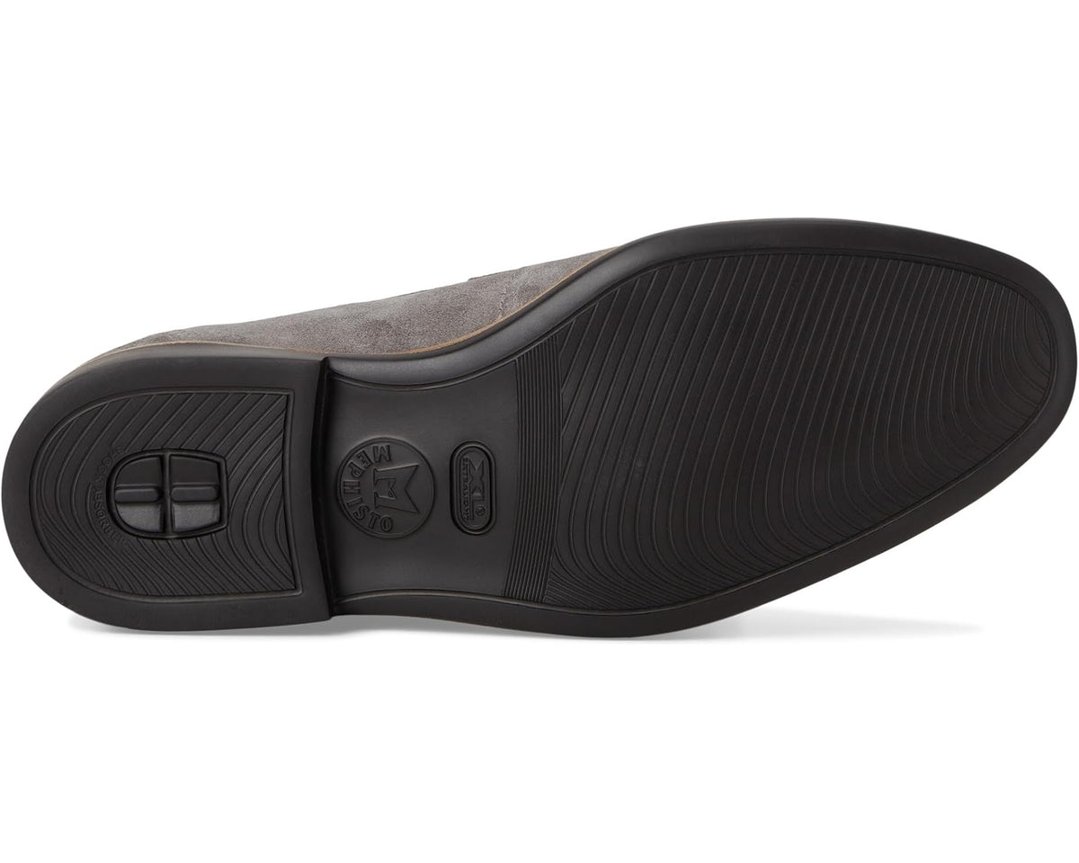 Graphite gray suede loafer outsole with textured rubber traction