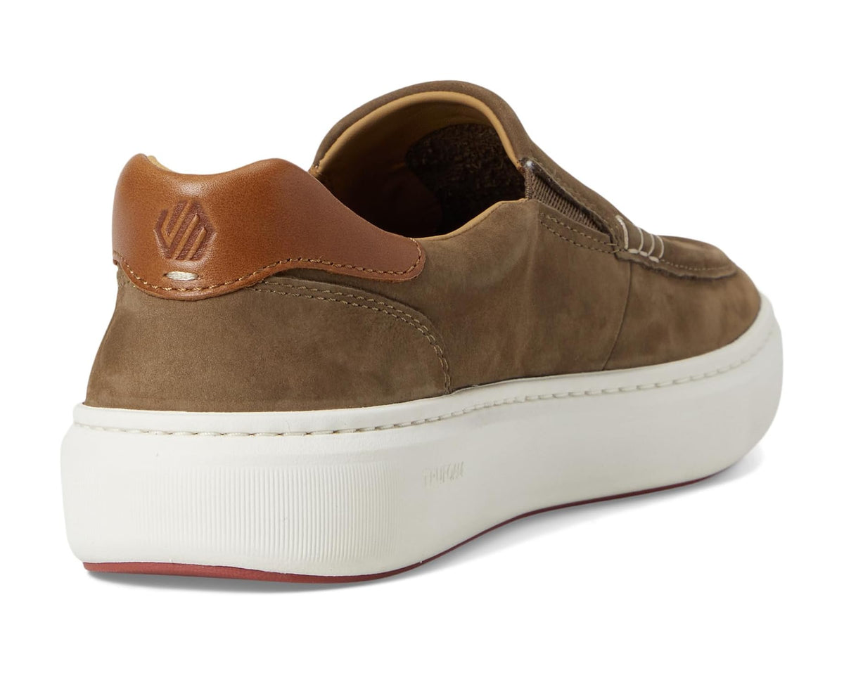 Taupe nubuck slip-on shoe heel with tan leather pull tab and white rubber sole