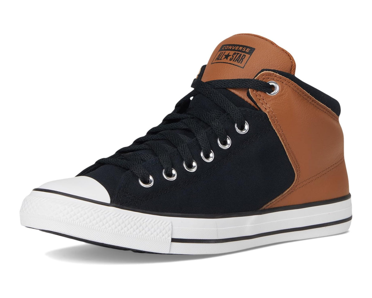 Converse high-top sneakers, black canvas front with tan quarter panel and white sole