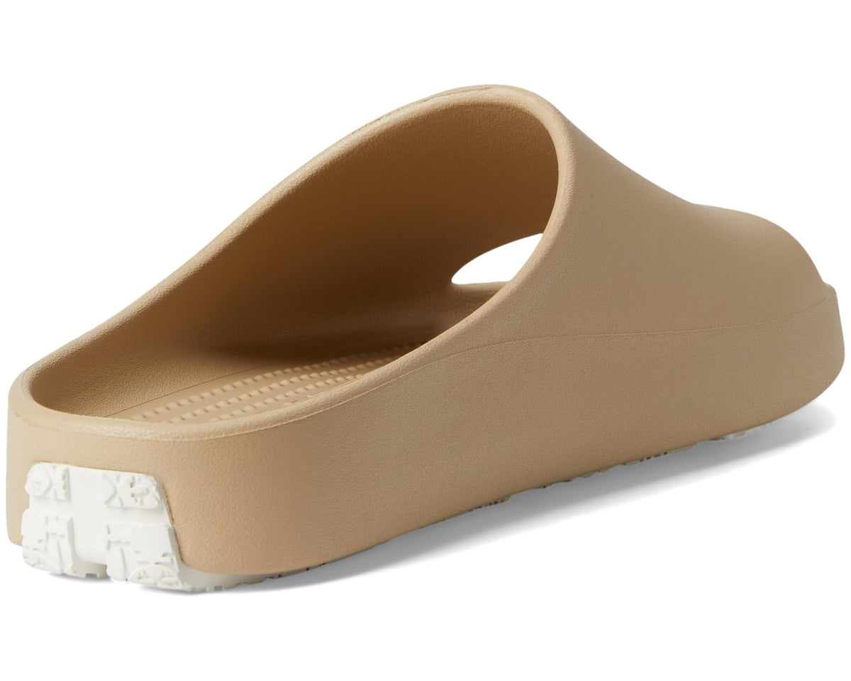 Warm sand slide sandal showing open heel and white outsole tread detail