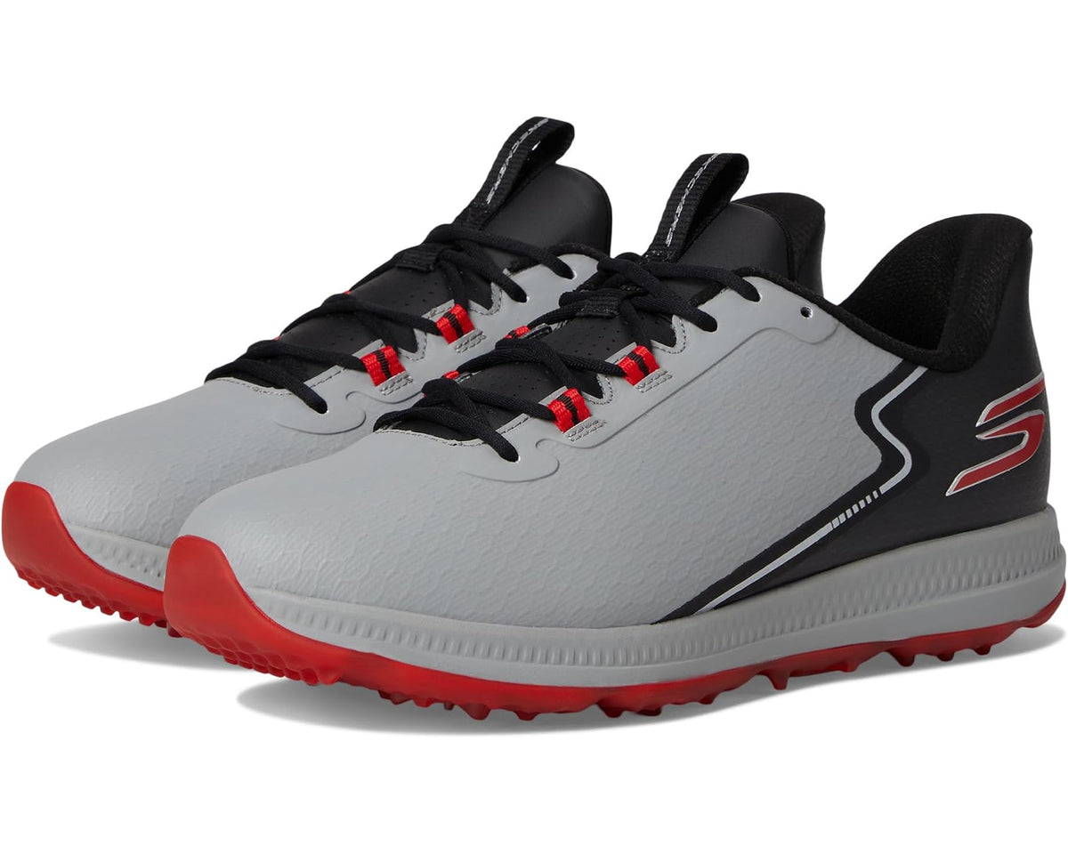 Men's charcoal and black golf shoe with red outsole, lace-up style and padded collar